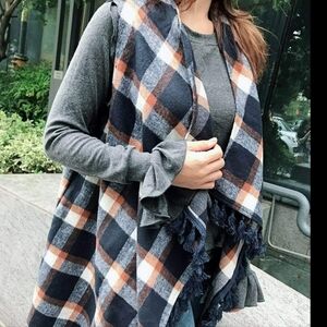 Inorin Women's Vest Blue Plaid Flannel Wool Tassel Drape Open Front Cardigan XXL